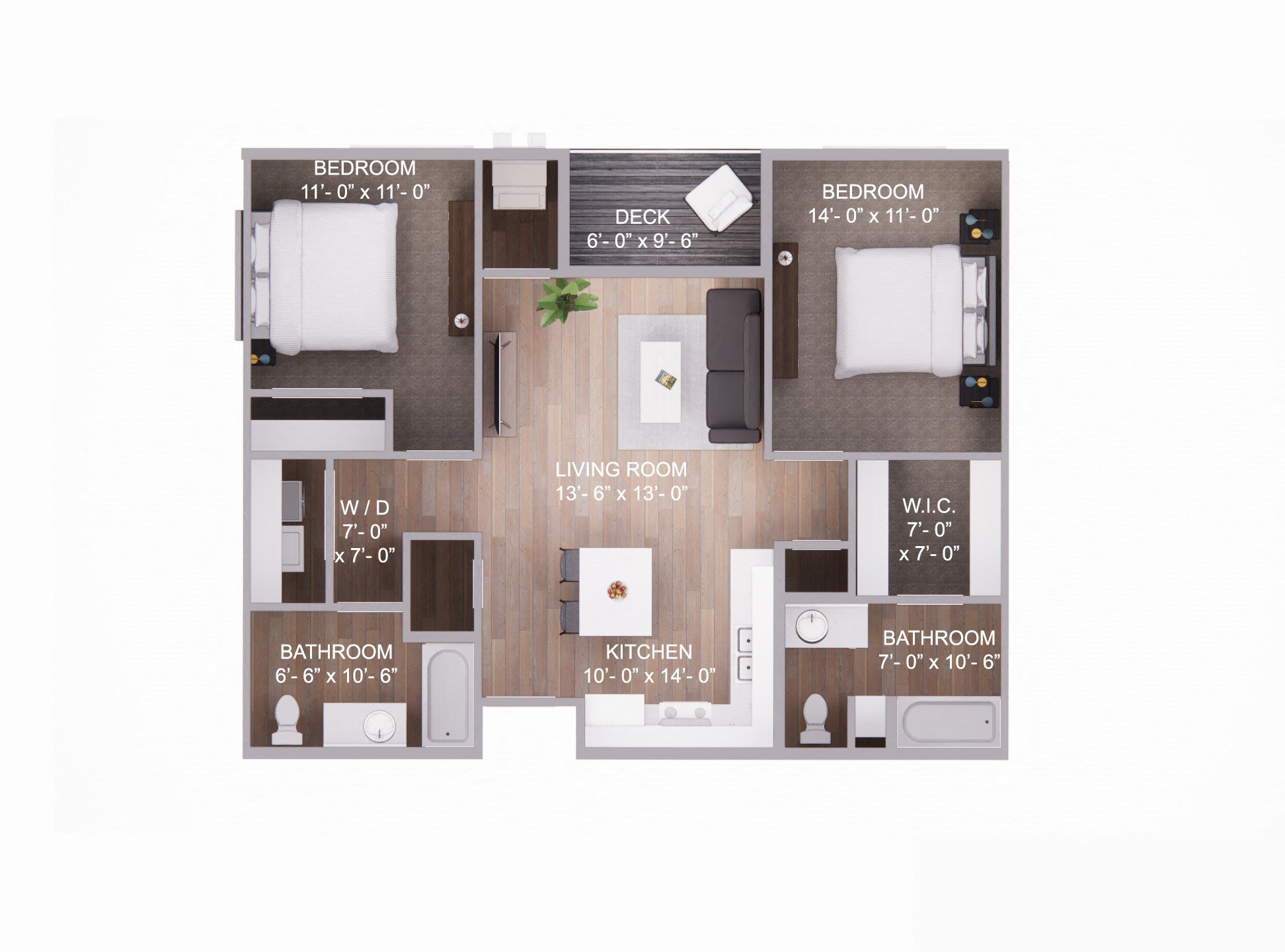 Floor plan for 2 beds, 2 baths, 1040 sqft